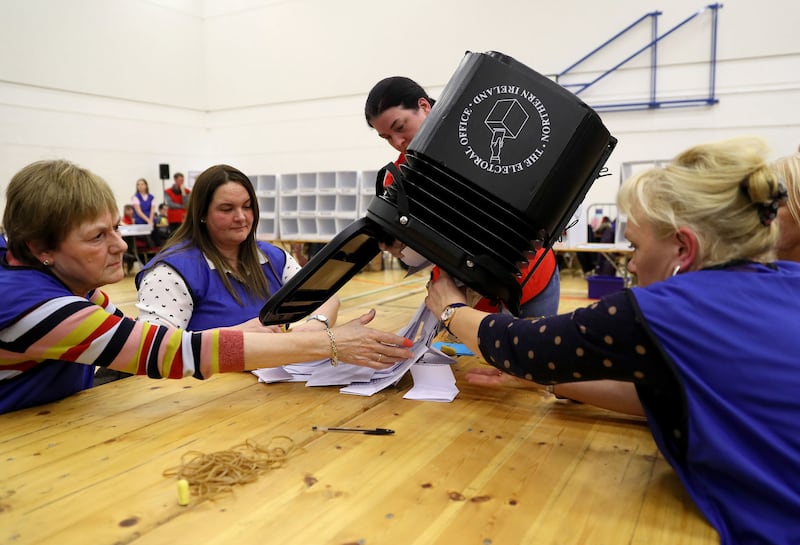 Ballot boxes are opened at the Leisure Centre, in Omagh, Co Tyrone as counting gets underway for the 2019 general election. Picture by Brian Lawless/PA Wire&nbsp;