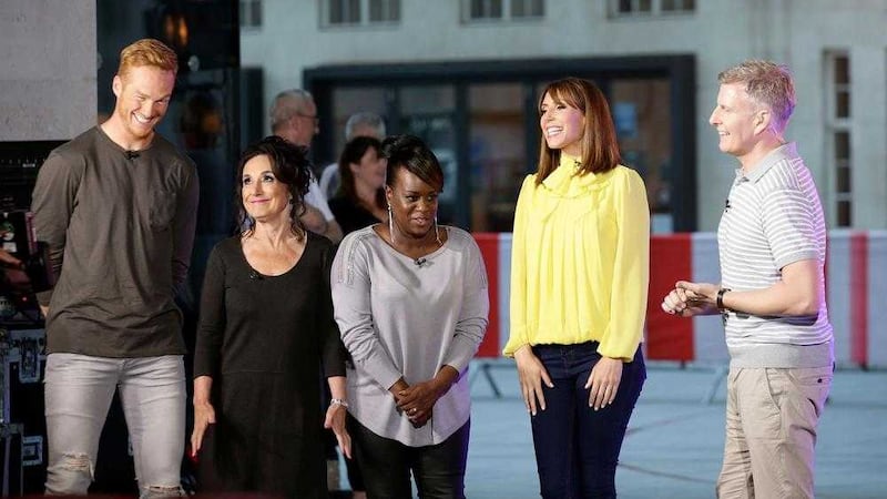 The One Show hosts Alex Jones (second right) and Patrick Kielty (right) with Greg Rutherford (left), Lesley Joseph (second left) and Tameka Empson (centre) outside BBC Broadcasting House in London after it was confirmed that they will be a contestants on Strictly Come Dancing. Picture by Yui Mok, Press Association