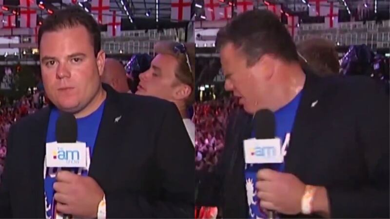 New Zealand news reporter Lloyd Burr kept his composure during a heated moment at the England vs Croatia match.