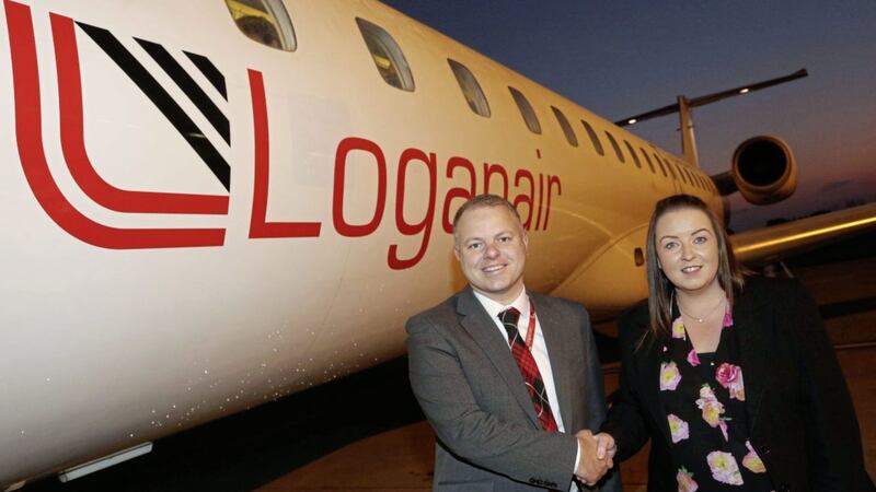 Pictured at the launch of the twice-daily service from Derry to Stansted are: Jonathan Hinkles, Loganair managing director; and Charlene Shongo, airport manager at City of Derry Airport. 