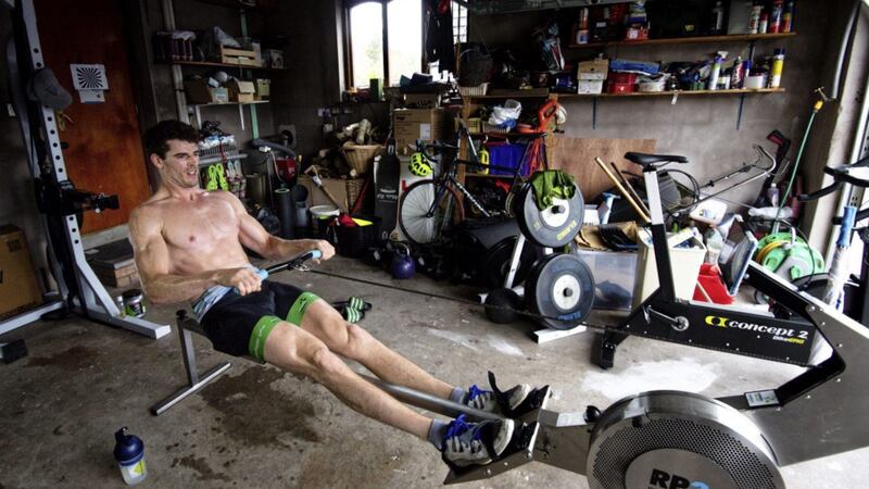 Banbridge rower Philip Doyle pictured training in the garage of his parents&#39; house before eventually joining his Irish team-mates at the National Rowing Centre in Cork at the end of last year. Picture by Sportsfile 