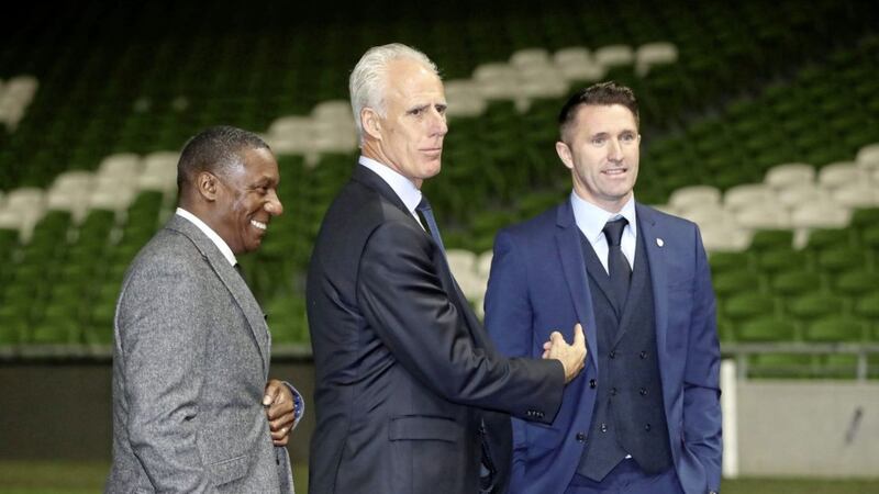 New Republic of Ireland manager Mick McCarthy (centre) with new assistant coaches Terry Connor (left) and Robbie Keane following a press conference at The Aviva Stadium, Dublin on Sunday Picture by Niall Carson/PA Wire 