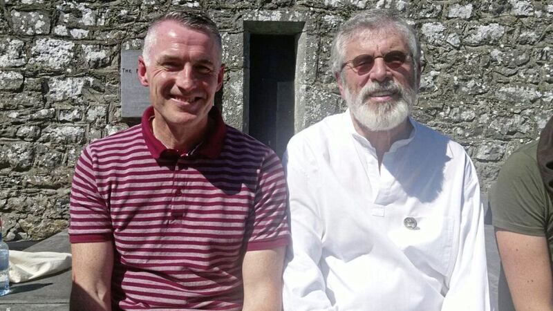 Sinn F&eacute;in chairperson Declan Kearney with party president Gerry Adams at Bodenstown yesterday for the annual Wolfe Tone commemoration. 