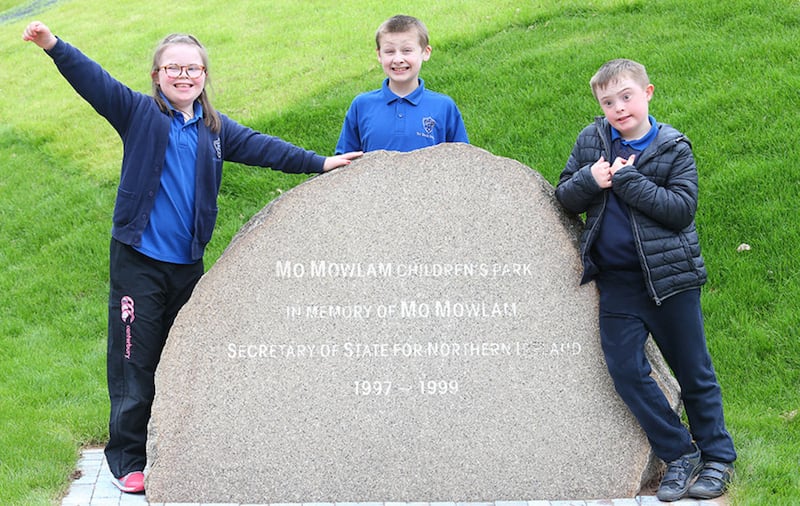 Lucia, Dylan and Adam, Pupils from Tor Bank Special School enjoy the official opening of the Mo Mowlam Play Park on the Stormont Estate Picture Mal McCann&nbsp;