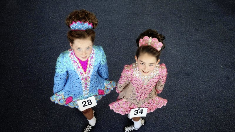 Dancers Eva Smith and Cliodhna McGoran from Ferris School of Dancing at the World Irish Dancing Championship at the Waterfront Hall yesterday. Picture by Ann McManus 