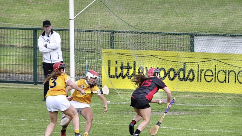 Down&#39;s Anna Rogan on the way to scoring the winning goal against Antrim in their Littlewoods Ireland Division Two final at Owenbeg Picture: Margaret McLaughlin 