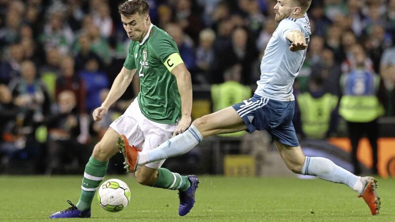 Republic of Ireland&#39;s Seamus Coleman (left) and Northern Ireland&#39;s Stuart Dallas during the international friendly in Dublin last week - predictably enough for both sides this year, it ended goalless. 