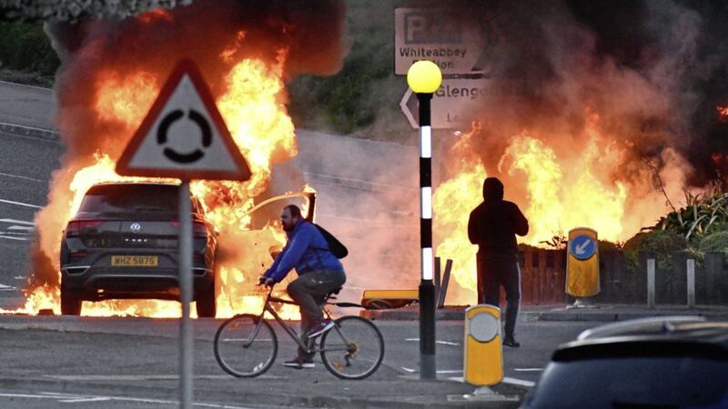 Rioting at Cloughfern in the loyalist Rathcoole area of Newtownabbey on Saturday night. Picture by Alan Lewis, Photopress 
