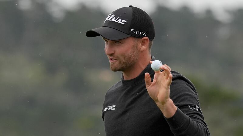 Wyndham Clark gestures after making a birdie putt on the 18th hole at Pebble Beach Golf Links during the third round of the AT&T Pebble Beach National Pro-Am golf tournament in California (Ryan Sun, AP)