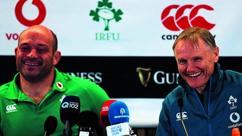 Ireland rugby captain Rory Best and coach Joe Schmidt after victory over the New Zealand All Blacks in the Autumn International match at the Aviva Stadium, Dublin. All pictures by Niall Carson/PA Wire.