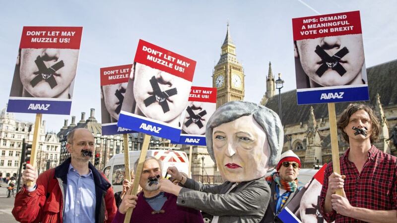 Protestors outside the Houses of Parliament call for MPs to vote to approve a House of Lords amendment to the British government&#39;s article 50 legislation Picture by Dominic Lipinski/PA 