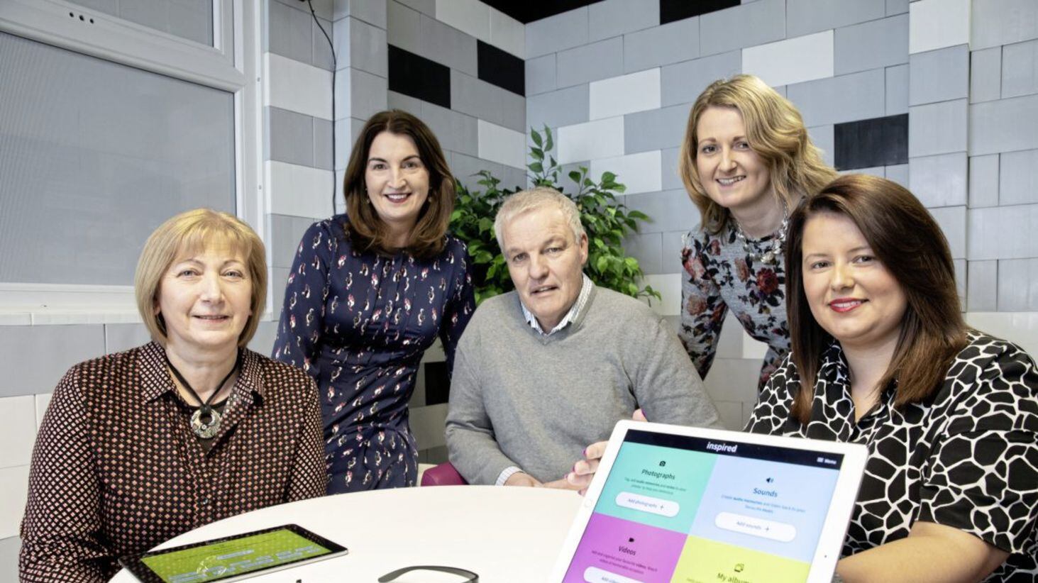 Pictured (from left) are Yvonne Murray, wife of Dementia NI member James Murray; Assumpta Ryan, Ulster University’s Professor of Ageing and Health; James Murray, Dementia NI member; Ashleigh Davis, Dementia NI, and Sarah-Jane McAdam, Scaffold Digital