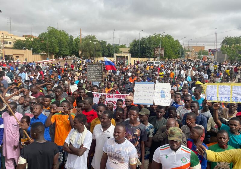 Supporters of Niger’s ruling junta, gather for a protest called to fight for the country’s freedom and push back against foreign interference, in Niamey, Niger
