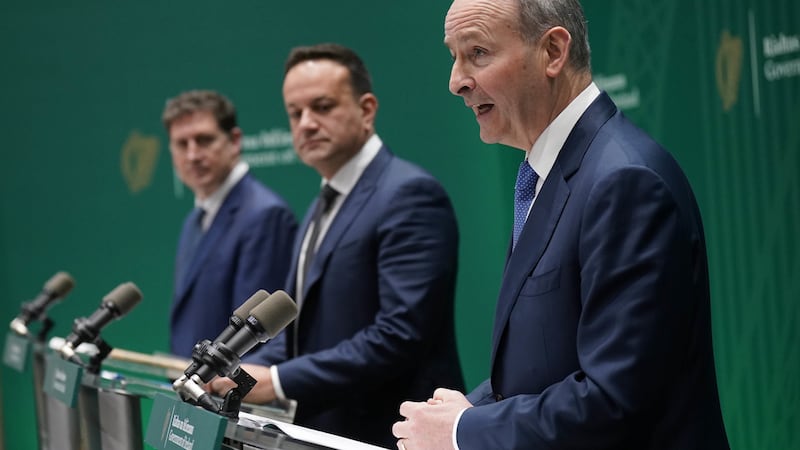 (left to right) Minister Eamon Ryan, Taoiseach Leo Varadkar and Tanaiste Micheal Martin speaking at Government Buildings, Dublin as the Irish Government announces hundreds of millions of euro in funding for cross-border projects