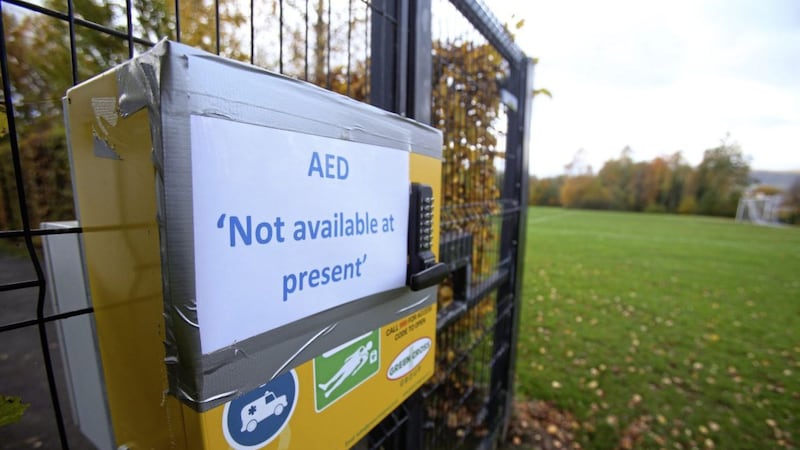 The automated external defibrillator at Strangford Playing Fields in south Belfast. Picture by Mal McCann 