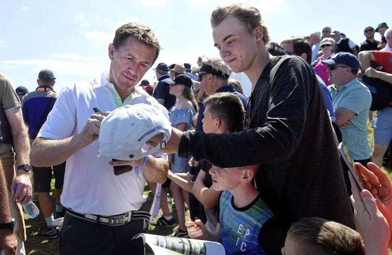 AP McCoy signing autographs for fans at today's Pro-Am at the Dubai Duty Free Irish Open in Ballyliffin, Donegal. Picture by Justin Kernoghan