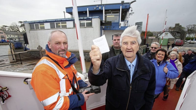 Harry Murray from Portaferry, who bought the first ticket on the Strangford ferry in 1969, was first in the queue for the new Strangford II yesterday
