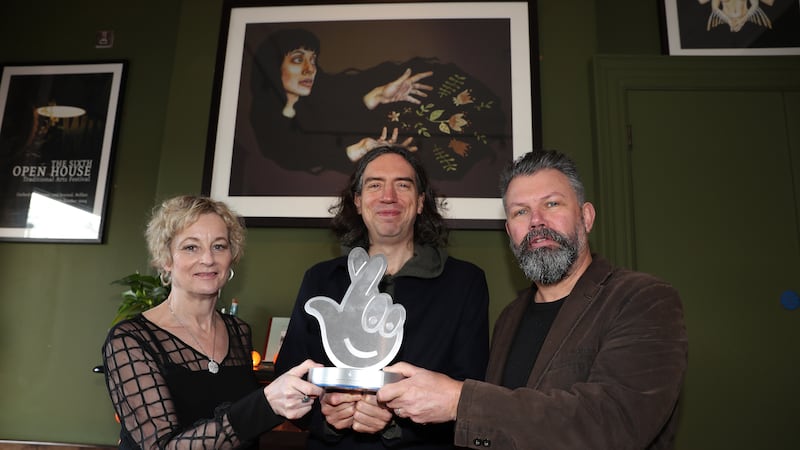 Snow Patrol man Gary Lightbody with Alison Gordon and Kieran Gilmore from the Open House Festival celebrating the announcement of Bangor Court House as the winner of The National Lottery Project of the Year title in the 2023 National Lottery Awards