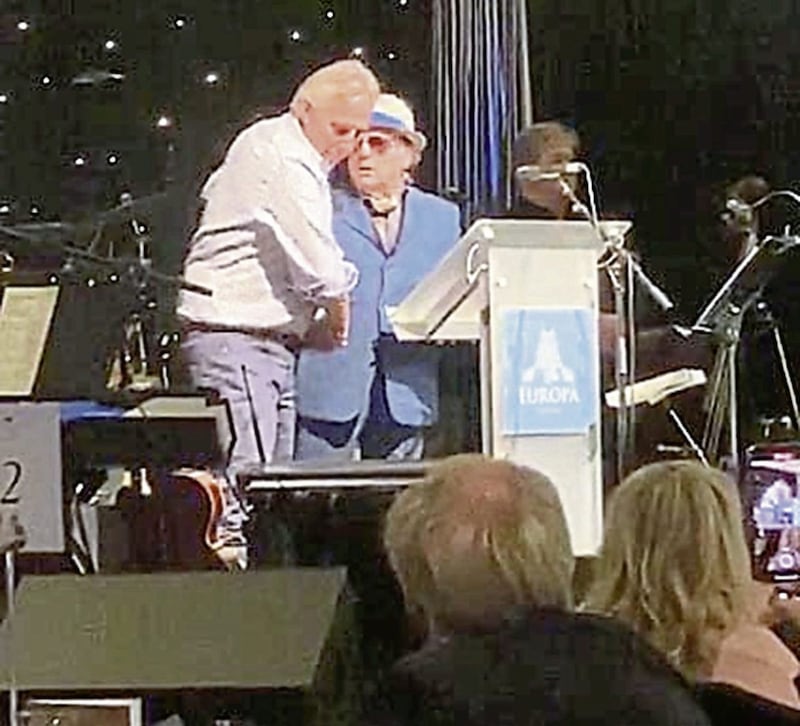 North Antrim DUP MP Ian Paisley with Sir Van Morrison on stage at the Europa Hotel in June 