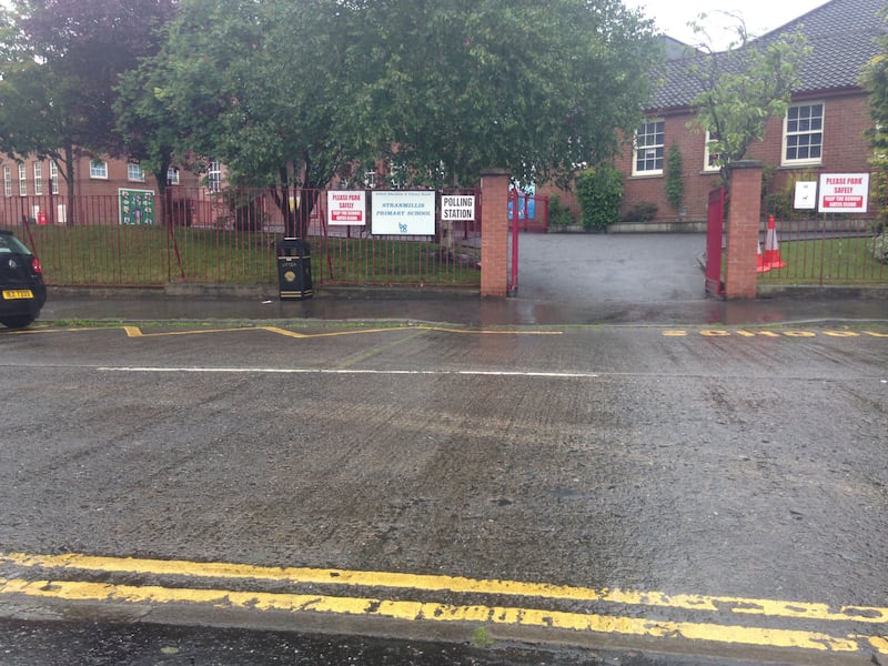 Wet and eerily quiet. Stranmillis Primary School polling station this morning.&nbsp;