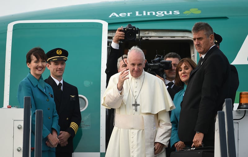Pope Francis leaving on an Aer Lingus plane from Dublin Airport back to the Vatican
