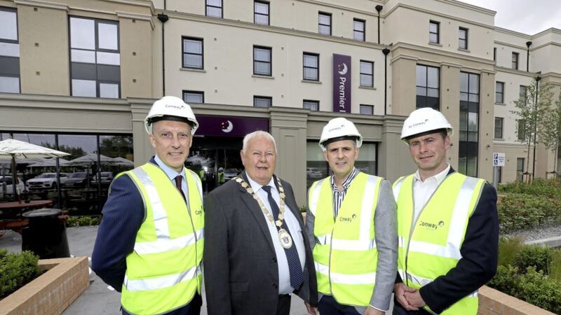 Conway Group&#39;s Des Taggart, Kevin McGurgan and Padraig Callaghan with Ards and North Down mayor Bill Keery at the new Premier Inn Hotel in Bangor 
