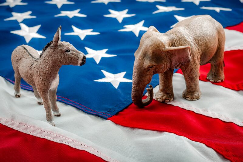 US elections represented by the Democrat donkey and the Republican Elephant