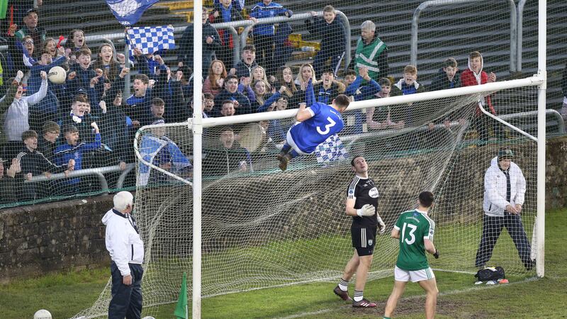 Naomh Conaill's AJ Gallagher swings on the crossbar as he follows a point over against Gaoth Dobhair during the final seconds of extra-time in Sunday's Donegal Senior Football Championship final replay at Ballybofey<br />Picture by Margaret McLaughlin