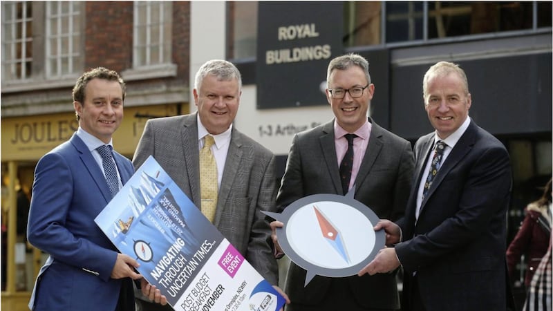 PKF-FPM directors Malachy McLernon (left) and Paddy Harty (right) launch the annual PKF-FPM post-Budget breakfast along with Irish News business editor Gary McDonald and marketing manager John Brolly. Photo: Hugh Russell 