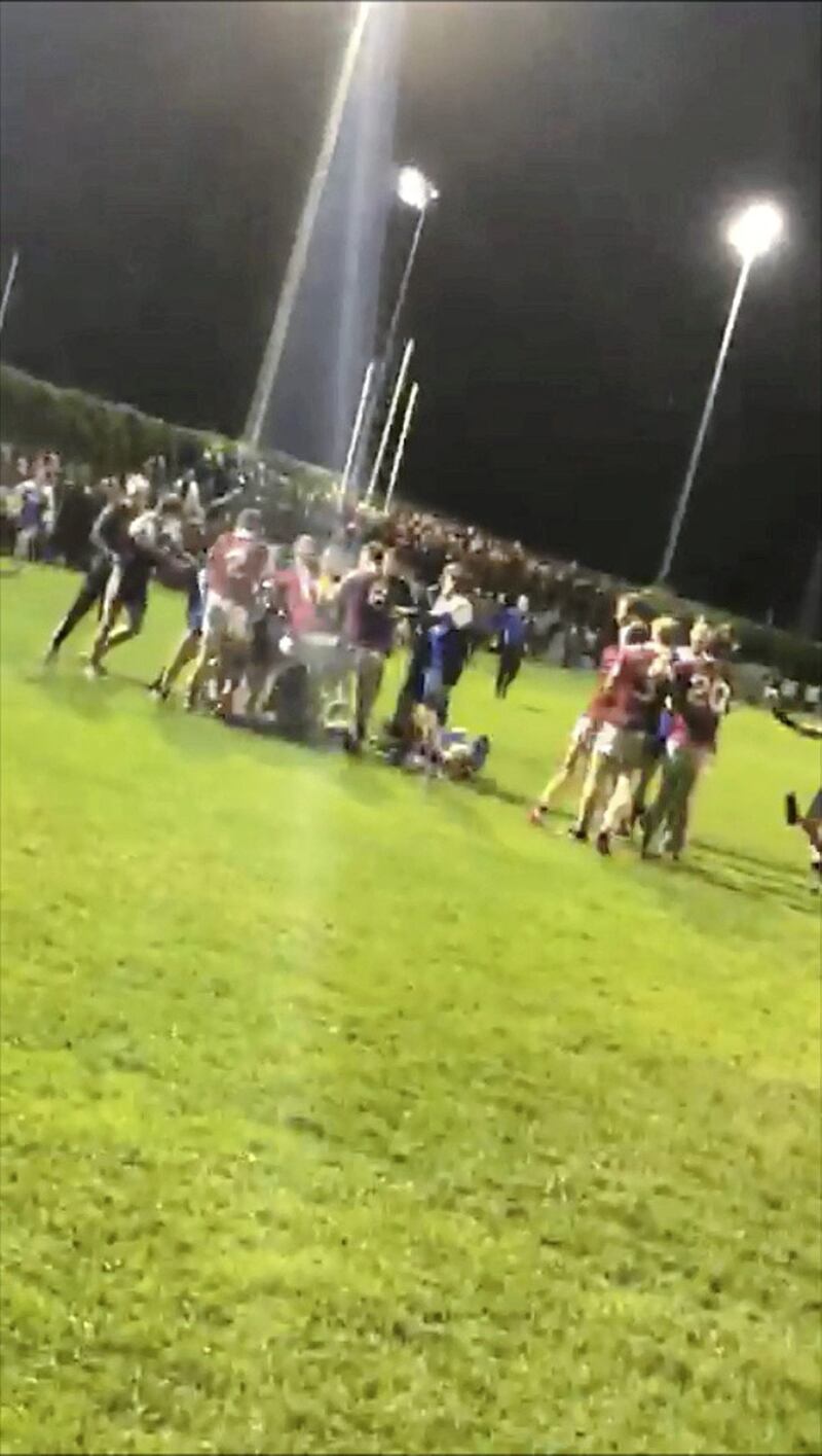 A video grab showing an on-pitch fight at a match between Slaughtneil and Ballinderry on Thursday 