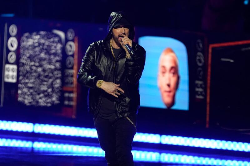 Inductee Eminem performs during the Rock & Roll Hall of Fame induction ceremony at the Microsoft Theatre in Los Angeles