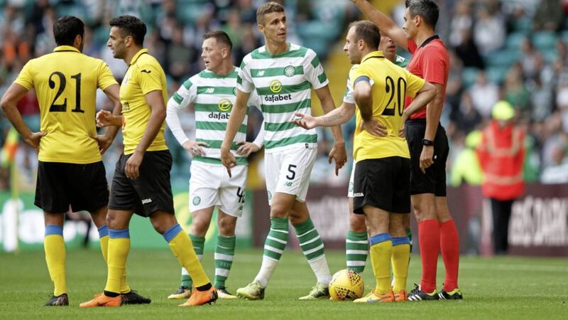 Celtic&#39;s Jozo Simunovic (5) is sent off during Wednesday&#39;s 3-0 win over Alashkert 