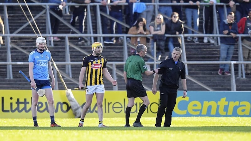Dublin selector Greg Kennedy is ordered off the pitch after intercepting a free which was being taken by Kilkenny&#39;s TJ Reid. Picture by Stephen McCarthy/Sportsfile 
