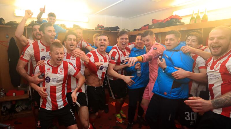 Lincoln City players celebrate victory after the Emirates FA Cup, fourth round match at Sincil Bank, Lincoln.&nbsp;