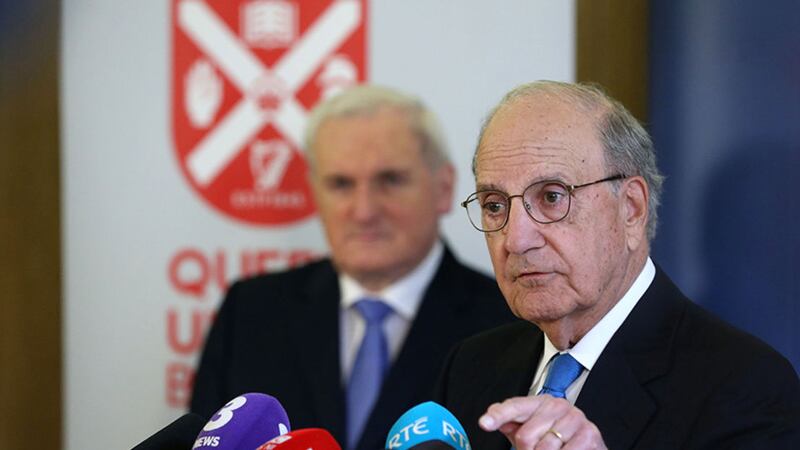 Former taoiseach Bertie Ahern and Senator George Mitchell (right) at an event to mark the 20th anniversary of the Good Friday Agreement, at Queen's University in Belfast&nbsp;