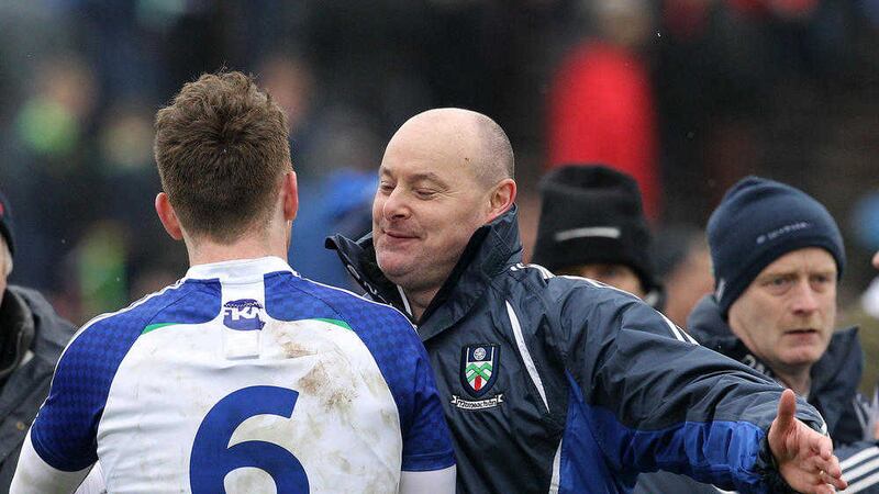 Monaghan manager Malachy O'Rourke celebrates victory last Sunday with Fintan Kelly <br />Picture by Philip Walsh