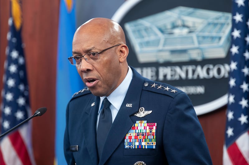 Chairman of the Joint Chiefs of Staff General CQ Brown Jr speaks during a press briefing at the Pentagon in Washington (Kevin Wolf/AP)