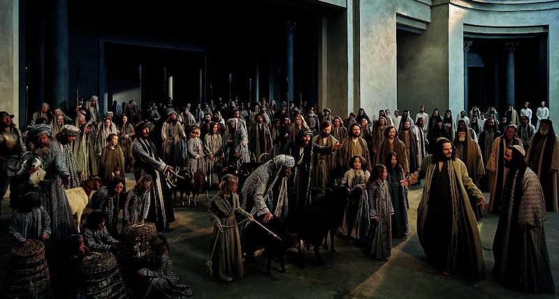 The Cleansing of the Temple: High council, Rochus R&uuml;ckel (Jesus), Kilian Claus (Nathanael) and cast. Picture by Passion Play Oberammergau 2022/Birgit Gudjonsdottir.&nbsp;