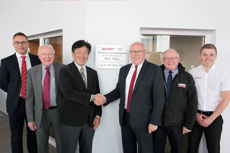 The new Eakin Bros Isuzu dealership in Maydown was opened by Isuzu Europe MD and CEO Mikio Tsukui and Isuzu UK MD William Brown. They are pictured with the Eakin family