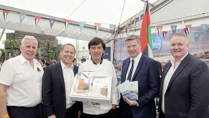 TV chief Jean-Christophe Novelli (centre) at the Balmoral Show with (from left) Geoff Hooks (Seasource director), Ian Grannan (ISFC director), Alan McCulla (Seasource chief executive) and Alan O&#39;Donnell (ISFC director). Photo: John McIlwaine/PressEye 