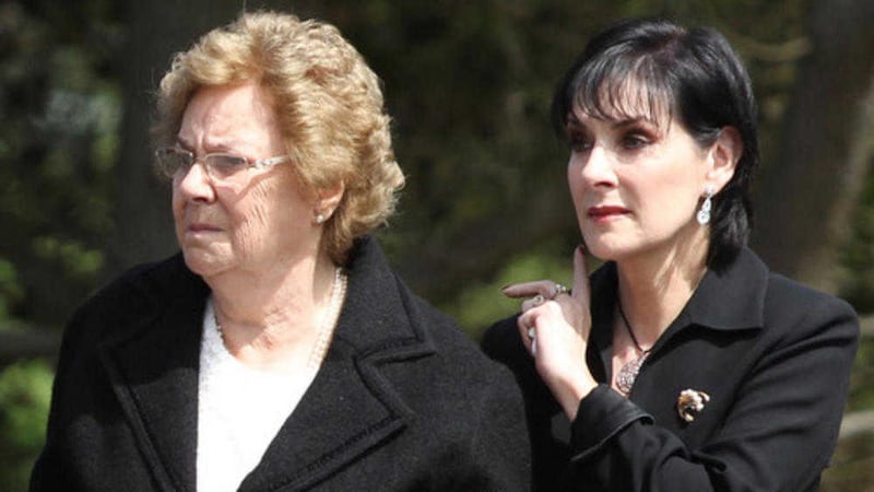 Eyna with her mother Baba at her father&#39;s Leo Brennan&#39;s funeral in Gweedore . Photo Brian McDaid. 