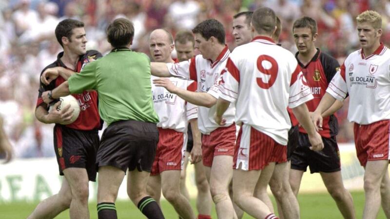 Down&#39;s Gregory McCartan pictured seconds before he was sent off by referee Aidan Managan in the Bank of Ireland Ulster Senior football final in 2003 