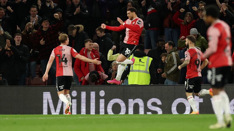 Che Adams, centre, celebrates after scoring Southampton’s second goal
