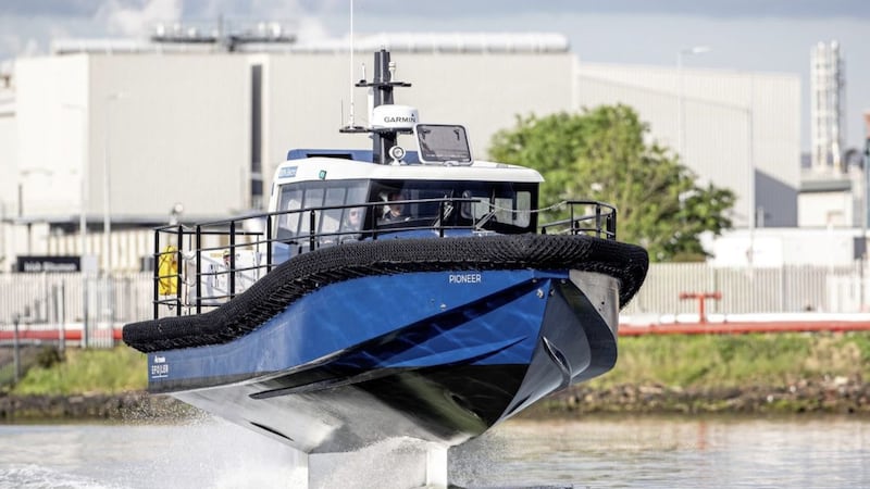 Artemis Technologies&#39; 11.5m multi-purpose, zero-emission workboat foiling in Belfast Harbour 