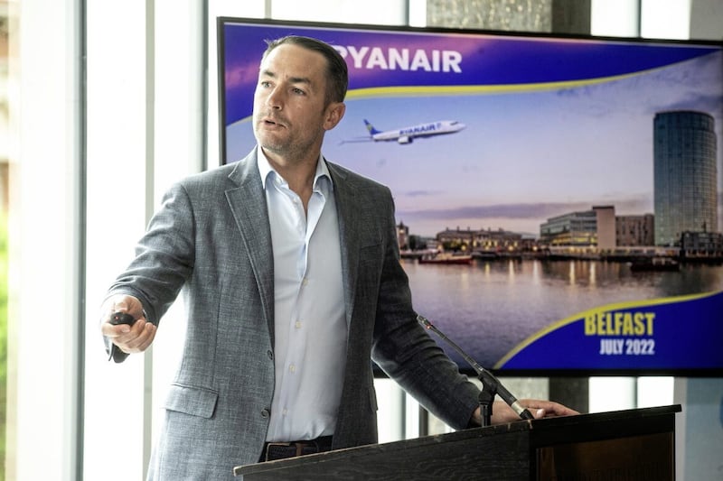 Ryanair&#39;s commercial director Jason McGuinness speaking in Belfast in July. Picture by Hugh Russell. 