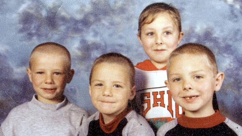 The Quinn Brothers, from left to right, Jason (7 ), Mark (9) and Richard (10). Their other brother Lee (behind) was staying with his grandparents when the children were killed 