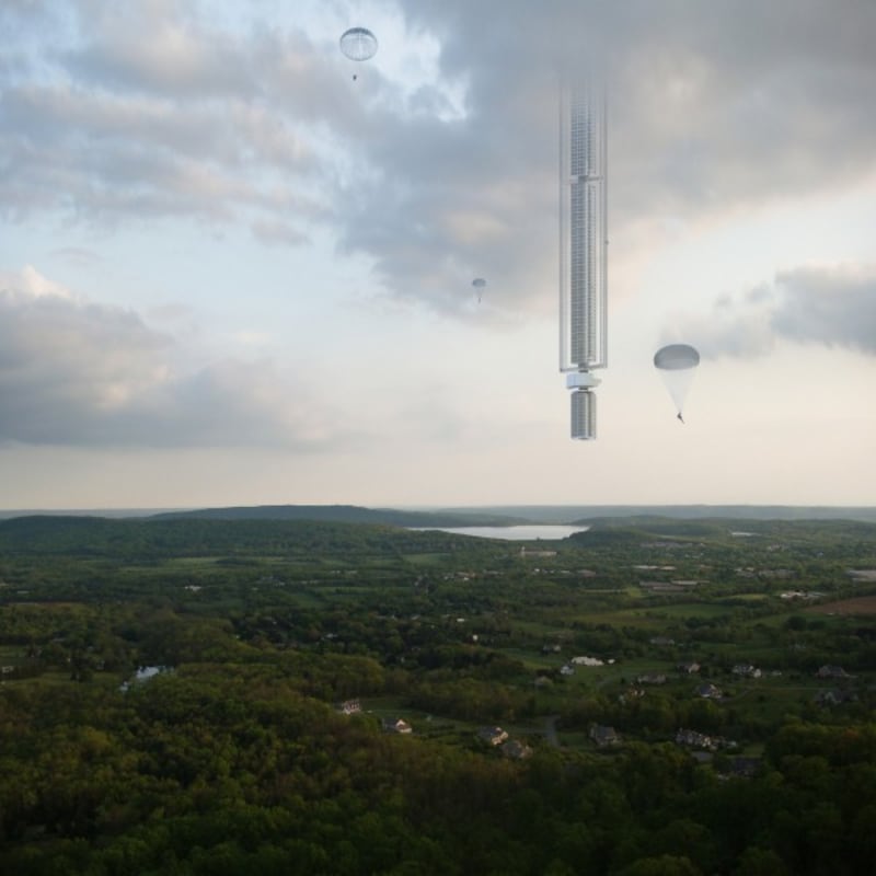 THe skyscraper with parachutists