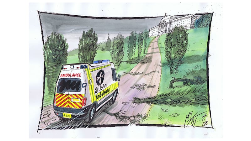 Ian Knox cartoon 4/1/17: Bedlam in our hospitals, paralysis at Stormont. Can St.John's Ambulance save the situation again? &nbsp;
