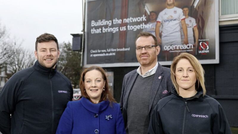 Adrian Hamilton (Openreach engineer), Mairead Meyer (Openreach director in Northern Ireland), Ulster Rugby chief executive Jonny Petrie and Jenny McLernon (Openreach engineer) celebrate the four-year sponsorship of Ulster Rugby and the launch of Openreach&#39;s latest marketing campaign 