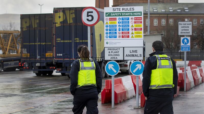 UK Border Force officers at the NI Department of Agriculture, Environment and Rural Affairs (DAERA) Northern Ireland Point of Entry (POE) site on Milewater Road in Belfast at the Port of Belfast.<br />Picture by Liam McBurney/PA Wire&nbsp;